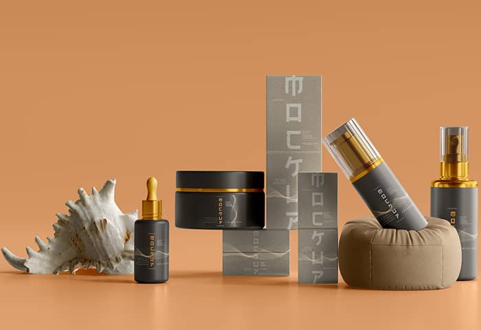 Example beauty products on a light orange background